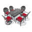 Ensemble de salle à manger d'extérieur rectangulaire 7 pièces (148 cm de long) avec trou pour parasol, 2 chaises pivotantes + 4 chaises empilables, coussins rouges-106890219