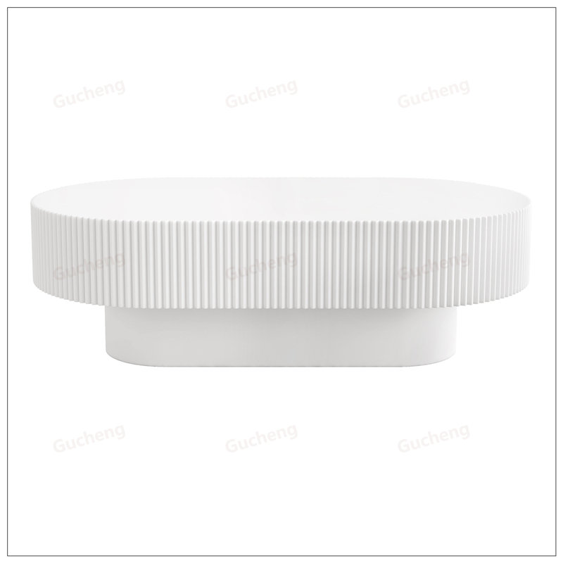 Table basse ovale élégante de 43,3 po de largeur avec plateau de 6,8 po d'épaisseur, table de bout tambour de style crème moderne, table centrale cannelée minimaliste avec base robuste pour le salon, assemblage facile