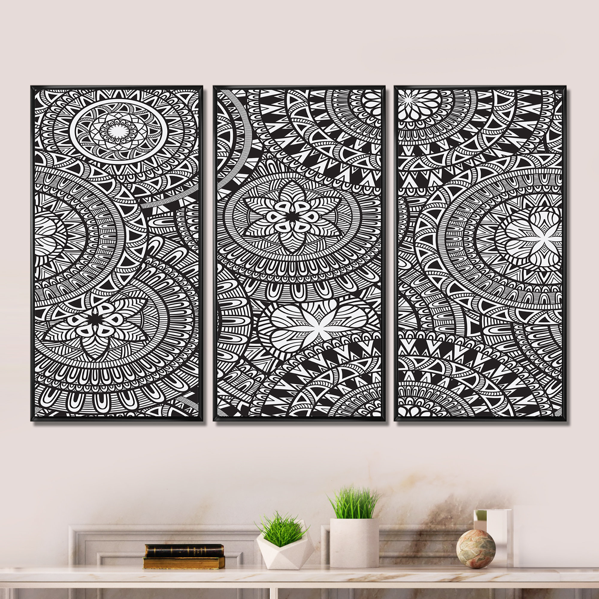 Monochrome Mandala Framed On Canvas 3 Pieces Print