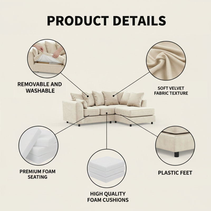4 Seater Velvet Sofa & Chaise, Cream, Right