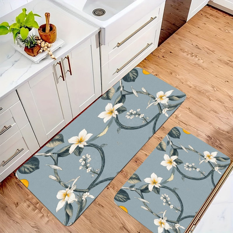 2-Pack Ornate European Kitchen Floor Mats, Blue Floral