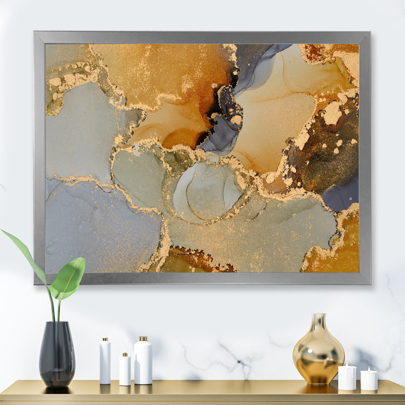 Art abstrait fluide brun et noir - peinture sur toile, H 12 po x l 20 po, Cadre de coin fermé, Argent