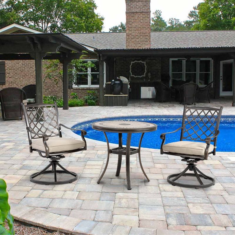Amagon 2 - Person Patio Dining Set with Round Table , Cushions Included, Beige