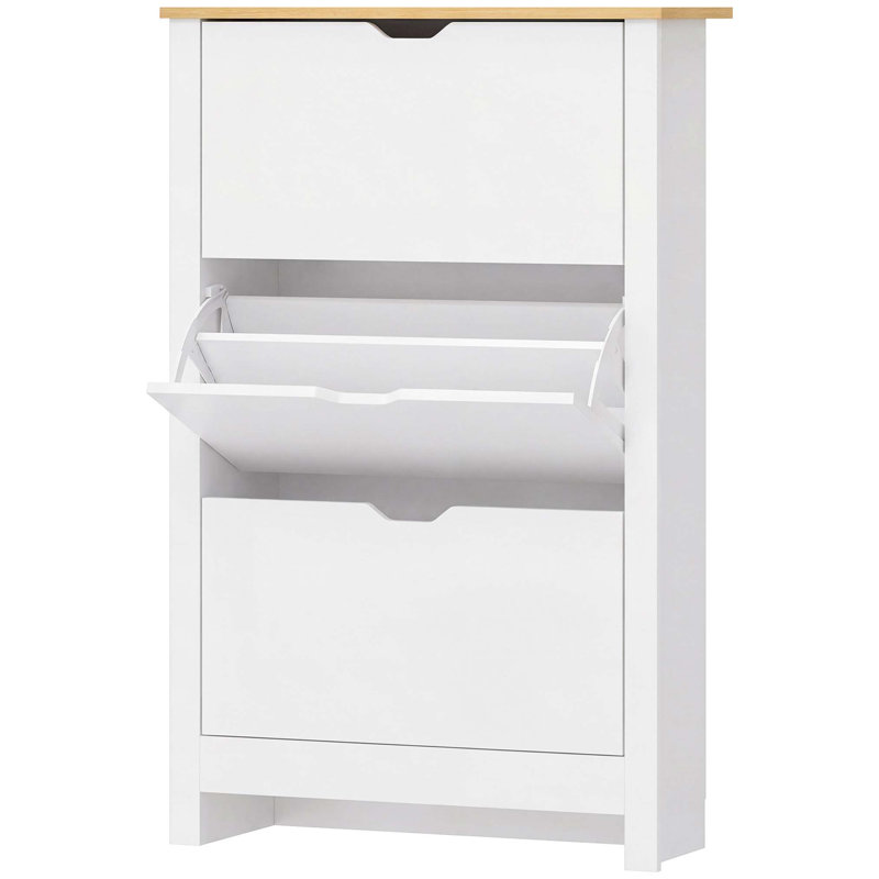 18 Pair Flip Down Shoe Storage, White/Natural Wood