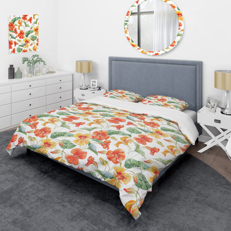 Fleurs orange et jaunes - Ensemble de housse de couette floral - Polyester microfibre