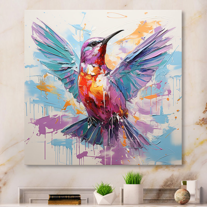 Bleu et mauve vibrant colibri - Art mural colibri, Toile tendue, H 16 po x l 16 po