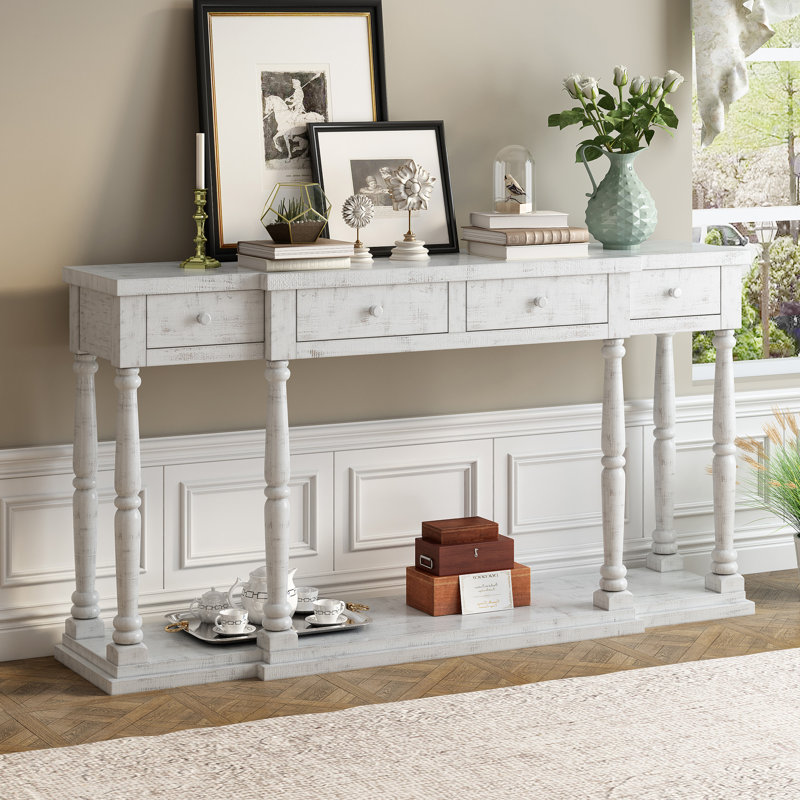 Console rétro pour chambre à coucher avec 4 tiroirs de rangement et 1 tablette, Blanc antique