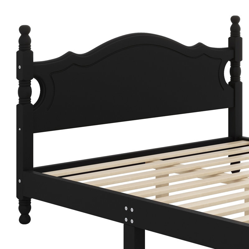Structure de lit plateforme en bois, lit plateforme de style rétro avec support en lattes de bois, Noir