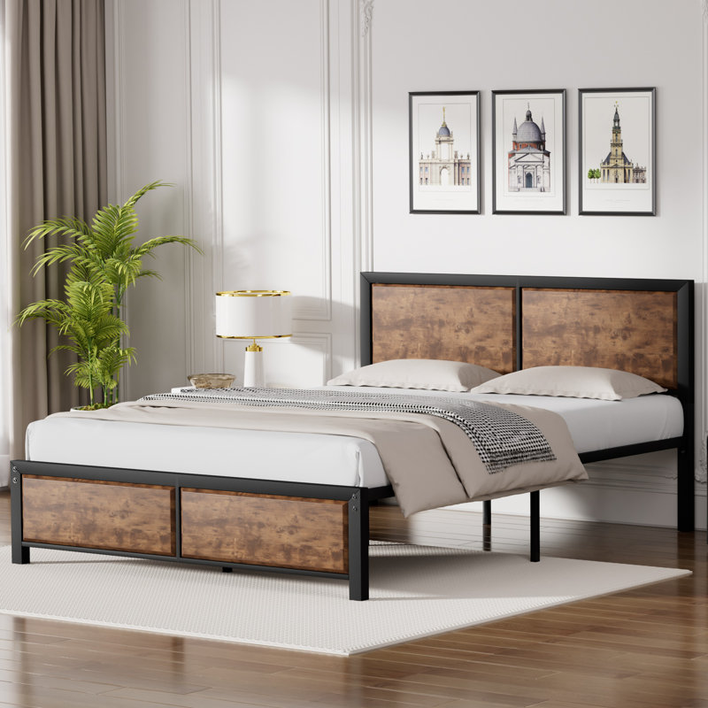 Structure de lit Kempst en métal brun avec tête et pied de lit en bois, lit plateforme rustique avec support à lattes en acier robuste, aucun sommier requis
