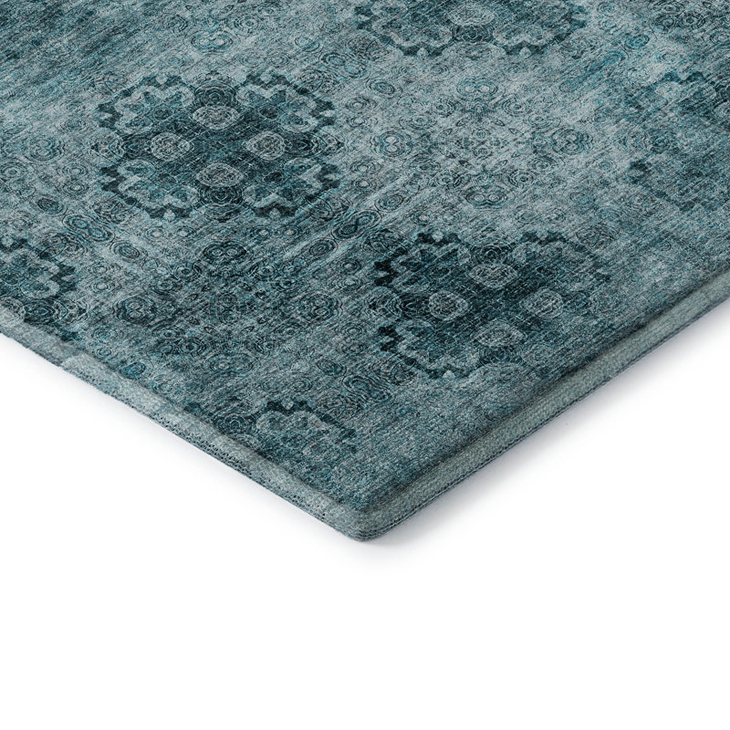 Teal Rectangular Washable Synthetic Boho Rug 46" x 30"