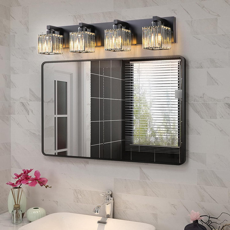 Luminaire de salle de bain Modern Crystal, Noir, H 6,3 po x l 27,6 po x P 6,3 po, Quatre lumières