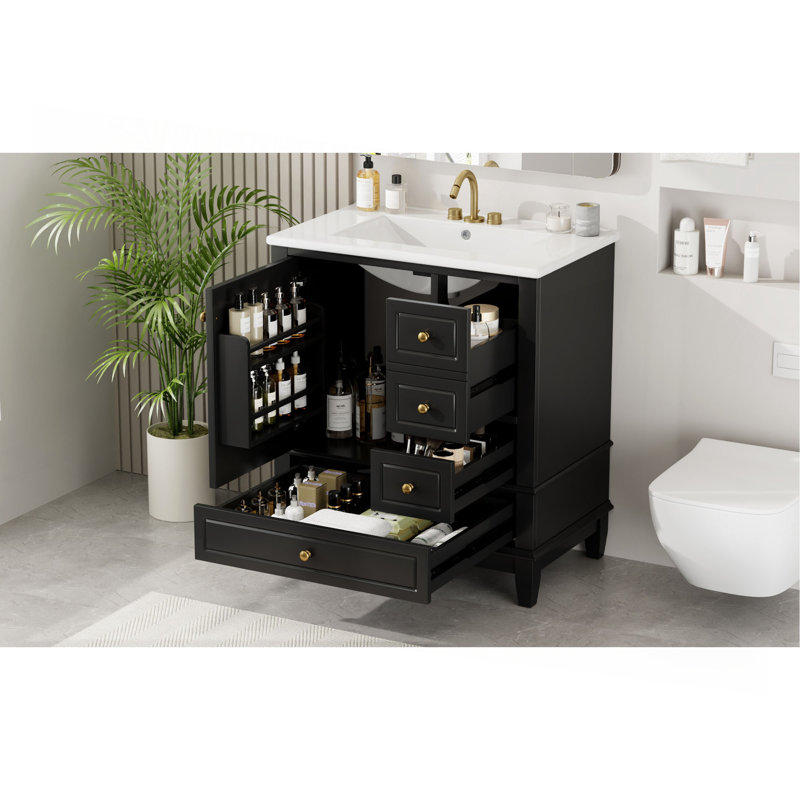 Meuble-lavabo 30 po avec lavabo, une porte avec tablette et trois tiroirs, porte à fermeture en douceur, Noir