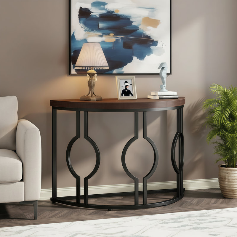 Industrial-Style Crescent-Shaped Wooden Side Table With A Sturdy Geometric Base, In A Vintage Brown Color. Suitable For Entryways, Living Rooms, Hallways, And Entrances.