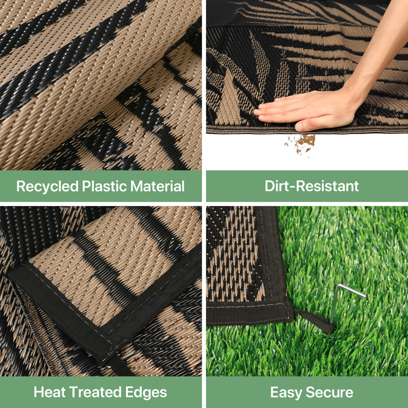 Flora Outdoor Mat, Recycled P.E.T Outdoor Area Rug, Rectangle 6' x 9', Black/Brown