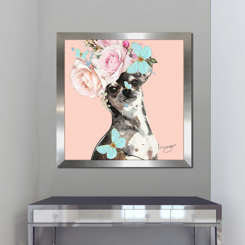 «Flower Chihuahua (Square)» par By Jodi - impression, H 37,5 po x l 37,5 po x P 1 po, Encadrement argenté