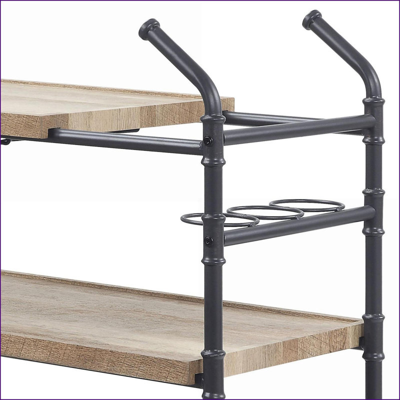 Chariot de service à 2 tablettes avec porte-verres à pied et amp; Roues verrouillables, chêne et amp; Noir sable | Chêne | Industriel, rustique
