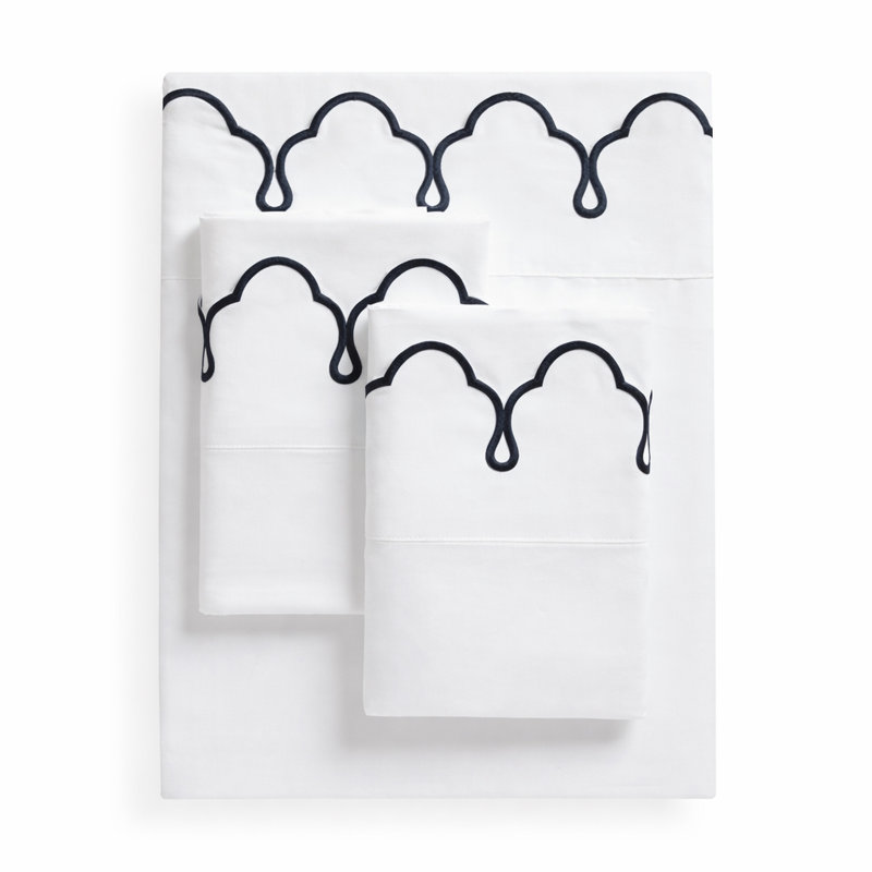 Scalloped 100% Cotton Standard Sheet Set, King Sheet Set, White Navy