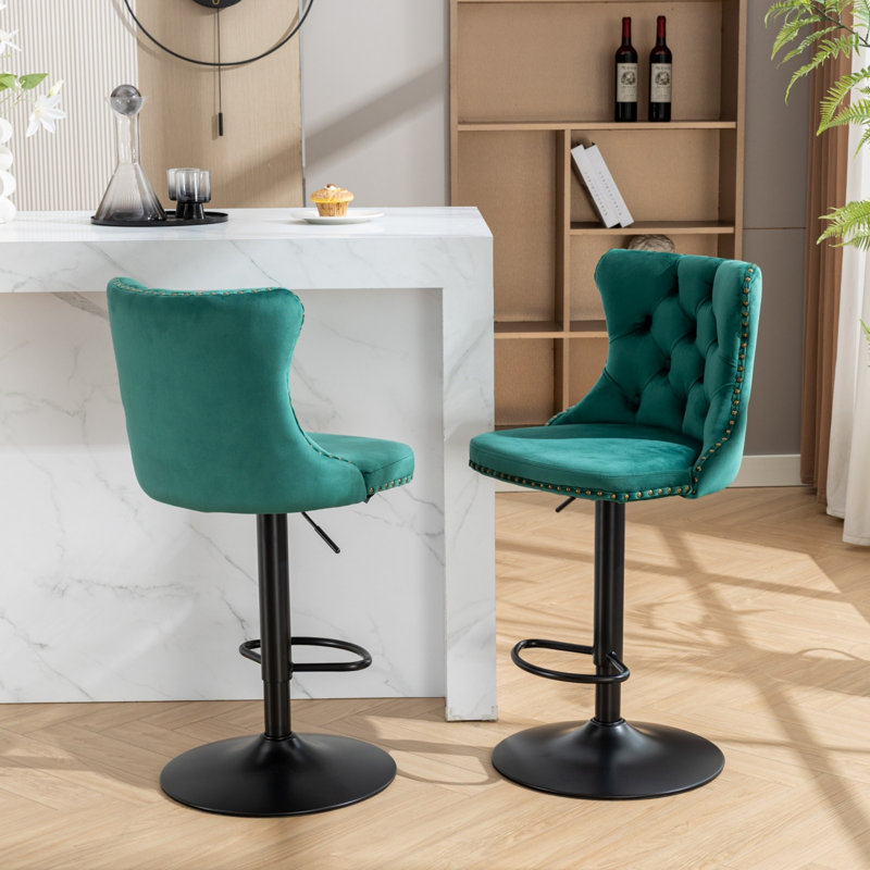 Tabouret pivotant en velours avec siège réglable, Noir, Vert