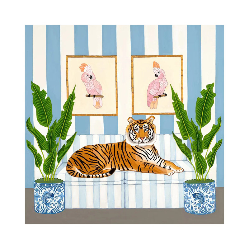 Chinoiserie Tiger With Ginger Jars And Pink Cockatoos - Wall Art Print - Wrapped Canvas
