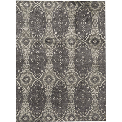 Wool Damask Area Rug in Charcoal/Ivory