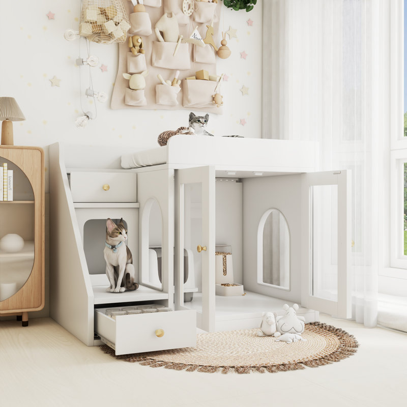 Maison d'intérieur pour chat avec lumière et 2 tiroirs de rangement, Blanc