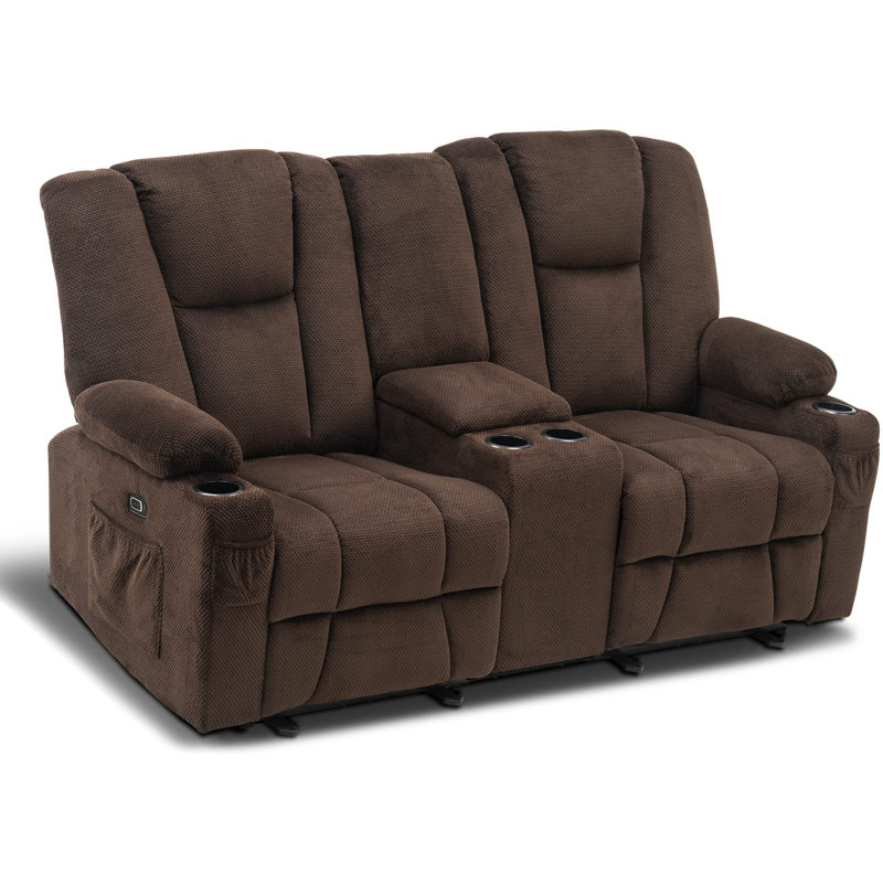 Power Reclining Loveseat Sofas with Heat, Console and Massage, Cup Holders, Fabric Upholstered, Brown 