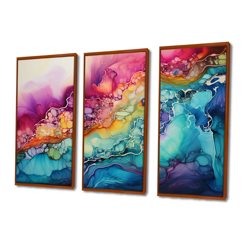 «Rainbow Teal» et «Alchohol Ink I», ensemble de toiles à formes abstraites, H 28 po x l 36 po x P 1 po, Cadre flottant brun