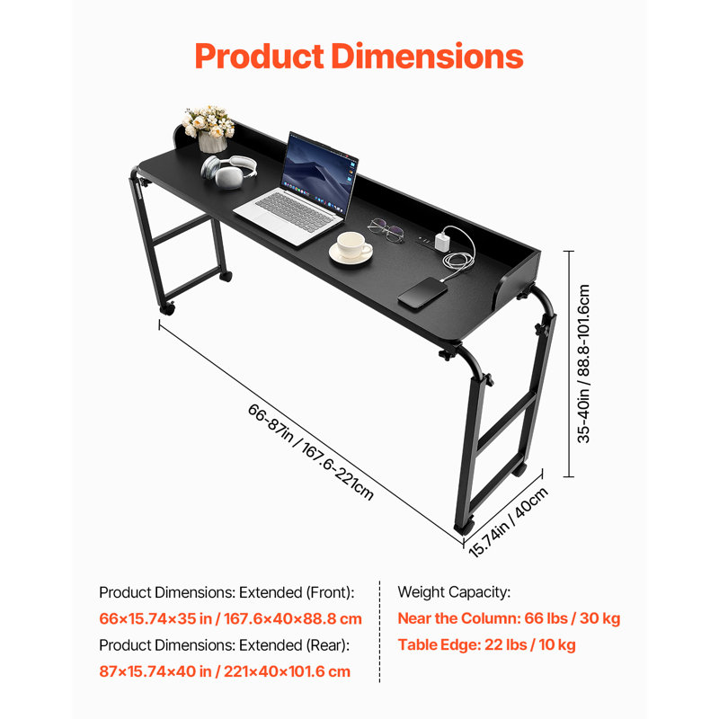Overbed Table: A Black Beauty! Mobile Bedside Table with 4 Wheels (2 Braked), Power Socket, and Adjustable Height. Made of Particleboard—Perfect for Home, Office, and Study
