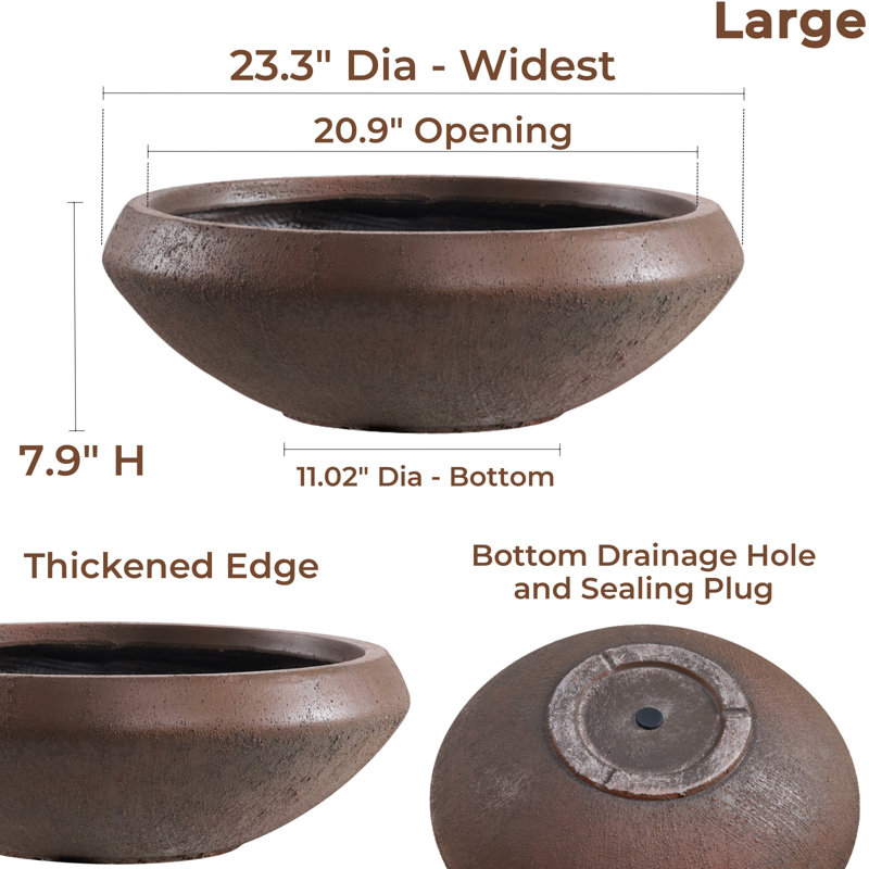 Concrete Bowl Planter, 23.3 Inch Dia x 8 Inch Height, Extra Large Succulent Pot with Drain Hole, 21-inch Opening Flowerpot for Herbs, Bonsai, and Shallow-root Plants, Concrete Planters for Indoor Outdoor Garden, Patio Decor, Large-Rust