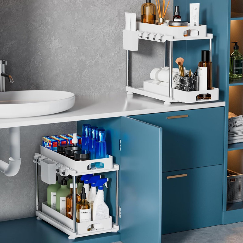 2 Pack Under Sink Storage Kitchen Organiser,Two Slide-Out Drawers,Space Saving,Height Adjustable