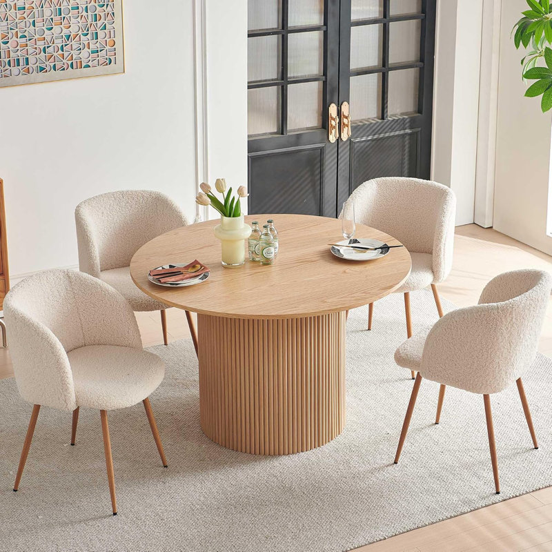 Round Table With Set Of Four Barrel Chairs, Oak, Ivory, Oak