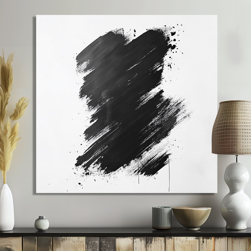 Motif de coups de pinceau noir et blanc - Minimalisme abstrait, impression sur métal moderne, L 29 po x H 29 po