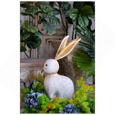 Figurine 13,8 x 6,1 x 20,9 po en forme de lapin en magnésium blanc avec oreilles en fer doré