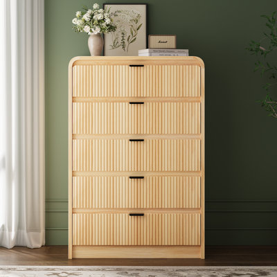 Fluted 5 Drawers Dresser for Bedroom, 48" Tall Wooden Modern Dresser with Metal Handle, Curved Profile Design, Storage Organizer for Living Room, Hall by Ebern Designs