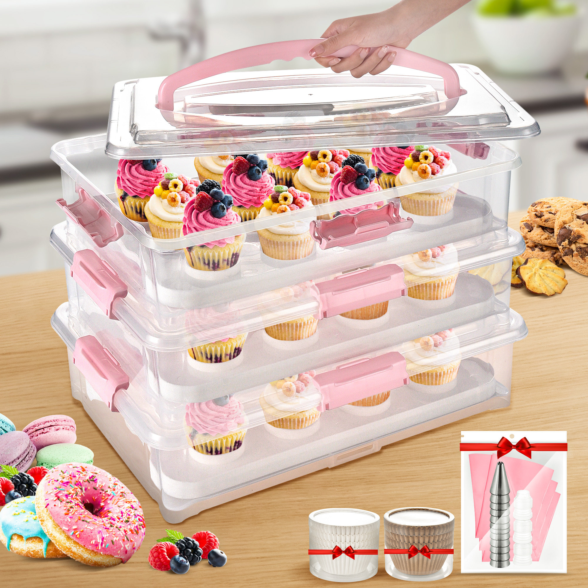 Knoxville 3-tiers Cupcake Carrier (White), Transport Container, BPA-Free,  Holds up to 36 Cupcakes