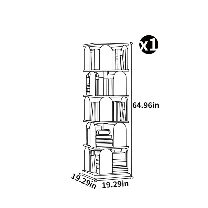 Bibliothèque rotative de style moderne, (5 tablettes) H 64,96 po x l 19,29 po x P 19,29 po, Gris clair
