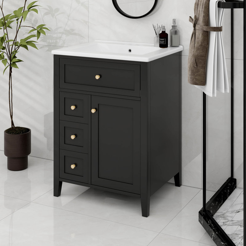 Meuble-lavabo 24 po avec lavabo supérieur, tiroirs et tiroir rabattable, tablette réglable, Noir et or