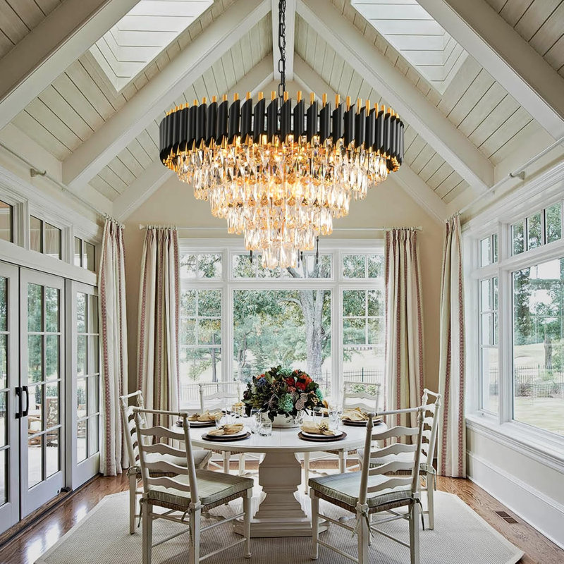 28.4in Modern Black Gold Crystal Chandelier, E14 Base, Dimmable, No Bulb Included