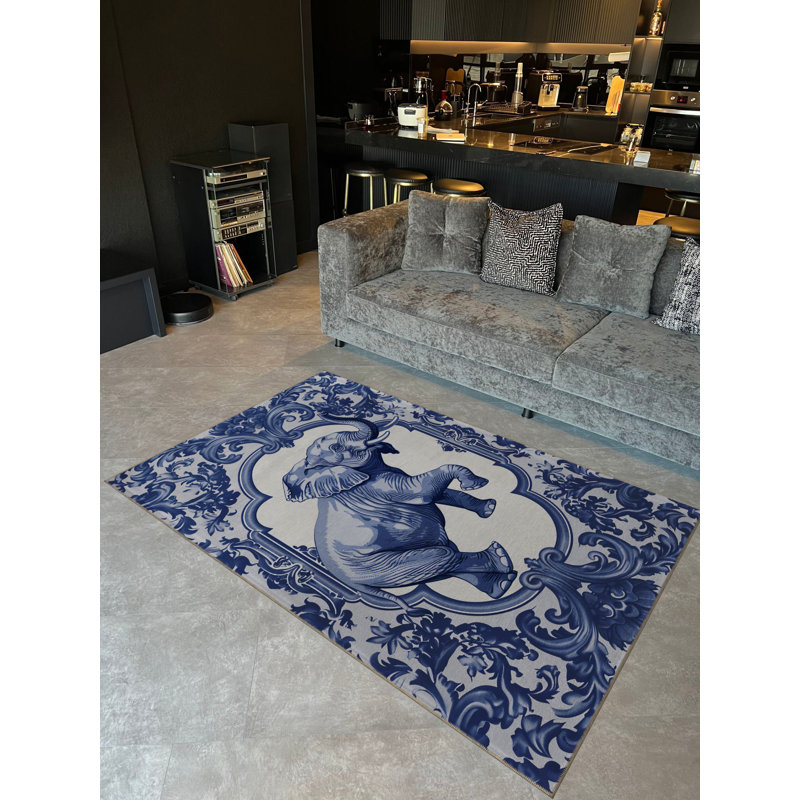 Tapis décoratif moderne à motif éléphant bleu Paris, Tapis de couloir 3 pi 3,37 po x 9 pi 10,11 po