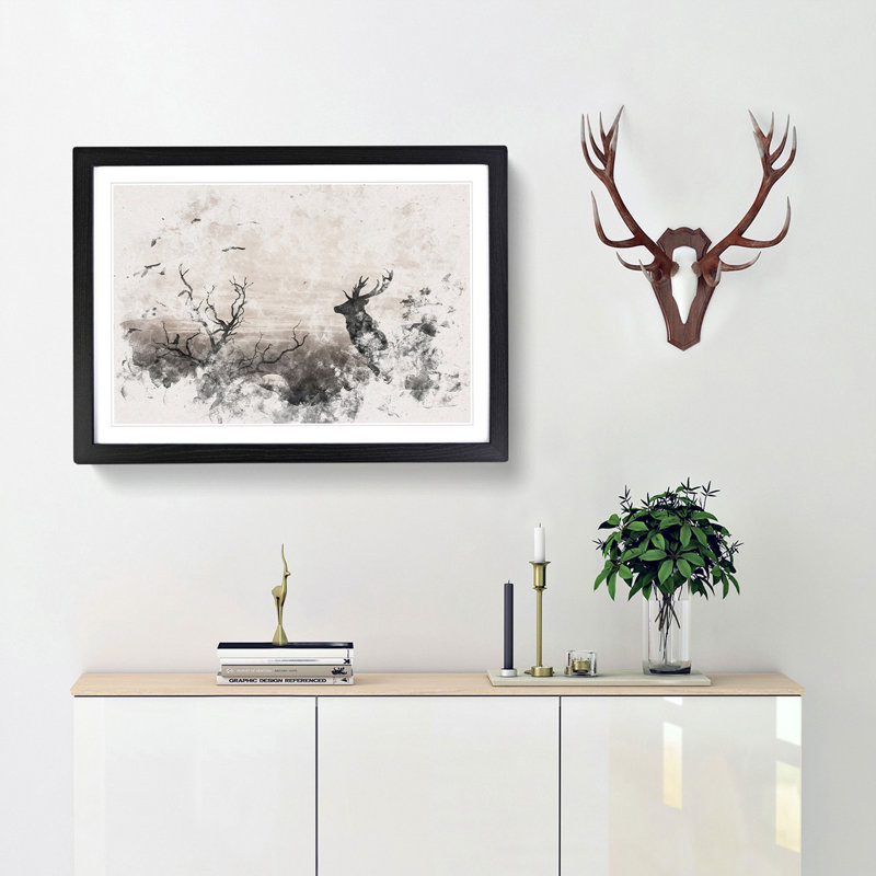 Stag Deer with Birds - Picture Frame Graphic Art Print, 62cm H x 87cm W x 2cm D, Black Framed