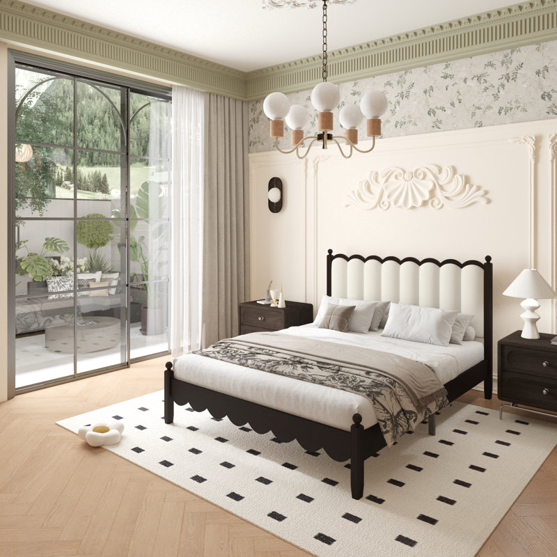 Ines Retro Style Solid Wood Platform Bed Frame with Vegan Leather Upholstered Headboard, White, Queen