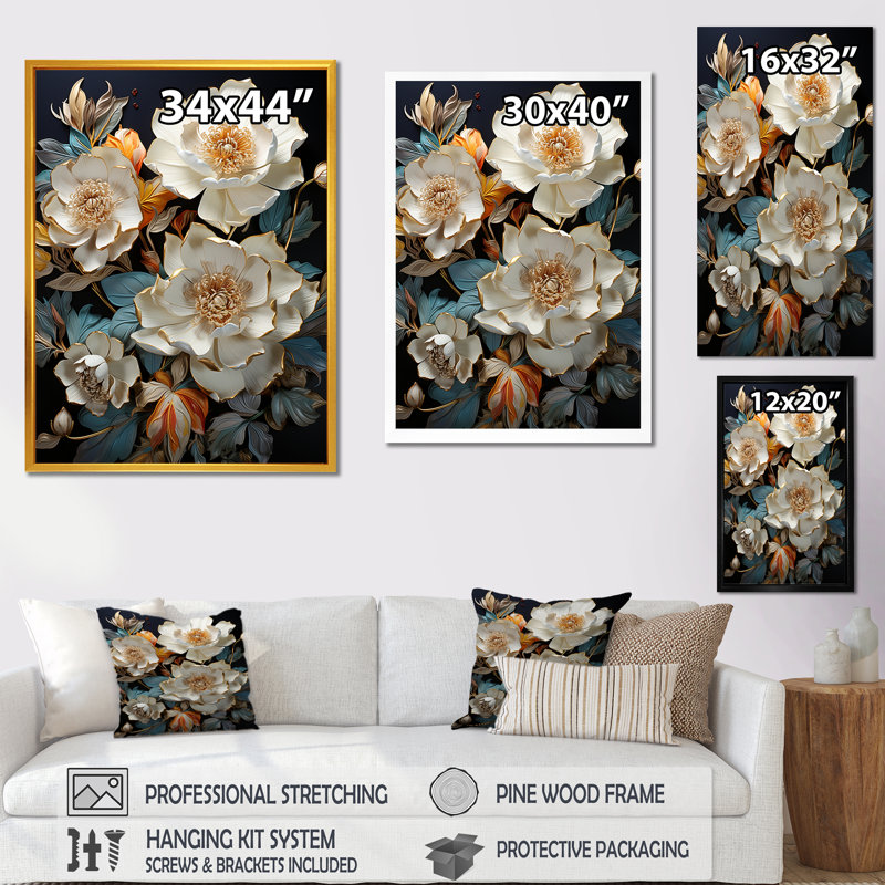 Bronze fleuri coquelicots en éclat - art mural coquelicots, Cadre flottant doré, H 60 po x l 28 po x P 1,5 po