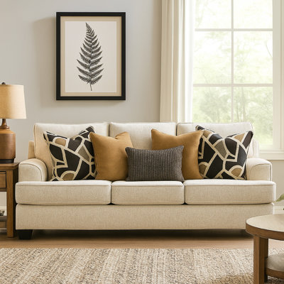 Burgess Sofa, Quartz Beige Polyester, 5 Accent Throw Pillows, 97 Inch
