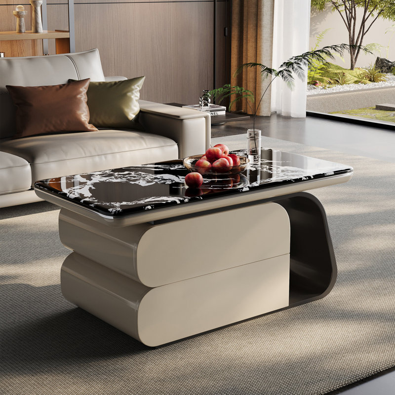 Table basse en pierre de luxe de style micro-cristallin, H 17,7 po x L 47,2 po x l 23,6 po, Blanc/Noir