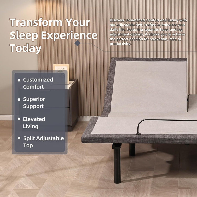 Split Top King Adjustable Bed Frame, Included Massage, USB & Type C Ports, Underbed Nightlight, Wireless Remote & App Control, Zero Gravity, E3100 Urban Gray