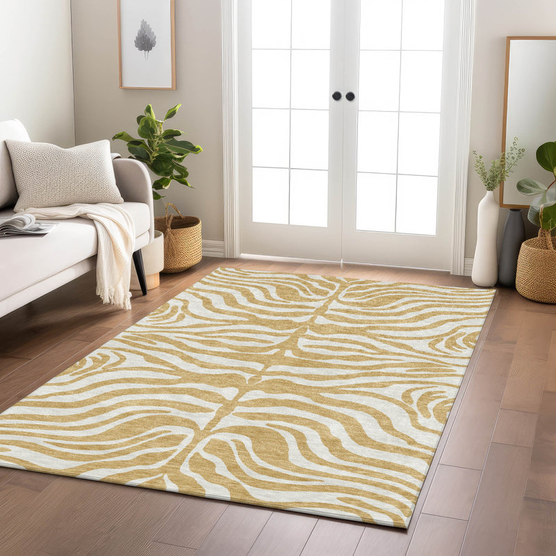 Gold and White Zebra Pattern Washable Synthetic Area Rug