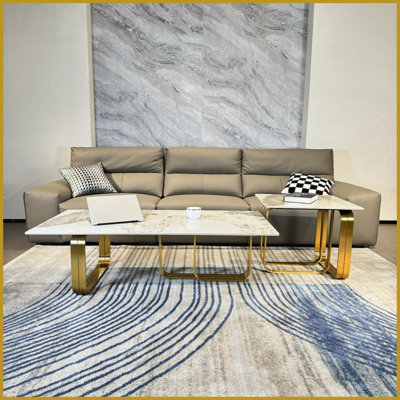 Ensemble de tables basses rectangulaires en pierre frittée avec structure en métal doré, facile à nettoyer Résistant aux égratignures pour le salon