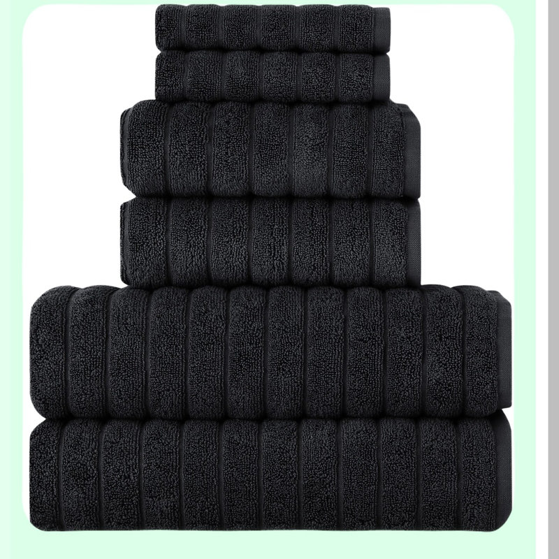 Ultimate Quick-Dry Cotton Towel Set - 6 Piece Luxury Collection: 2 Bath, 2 Hand, 2 Washcloths, Soft & Absorbent, Black