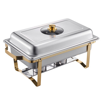 Rectangular Chafing Dish 4 Qt Stainless Steel 2-Piece Buffet Server Set Gold with 4 Half Size Pans and Glass Lid