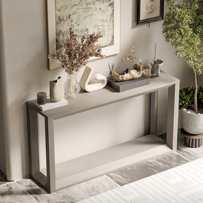 60" Rectangular Solid Wood Veneer Console Table, Wide Sofa Table, Behind Couch Table With Ample Storage For Entryway & Living Room, Distressed Grey